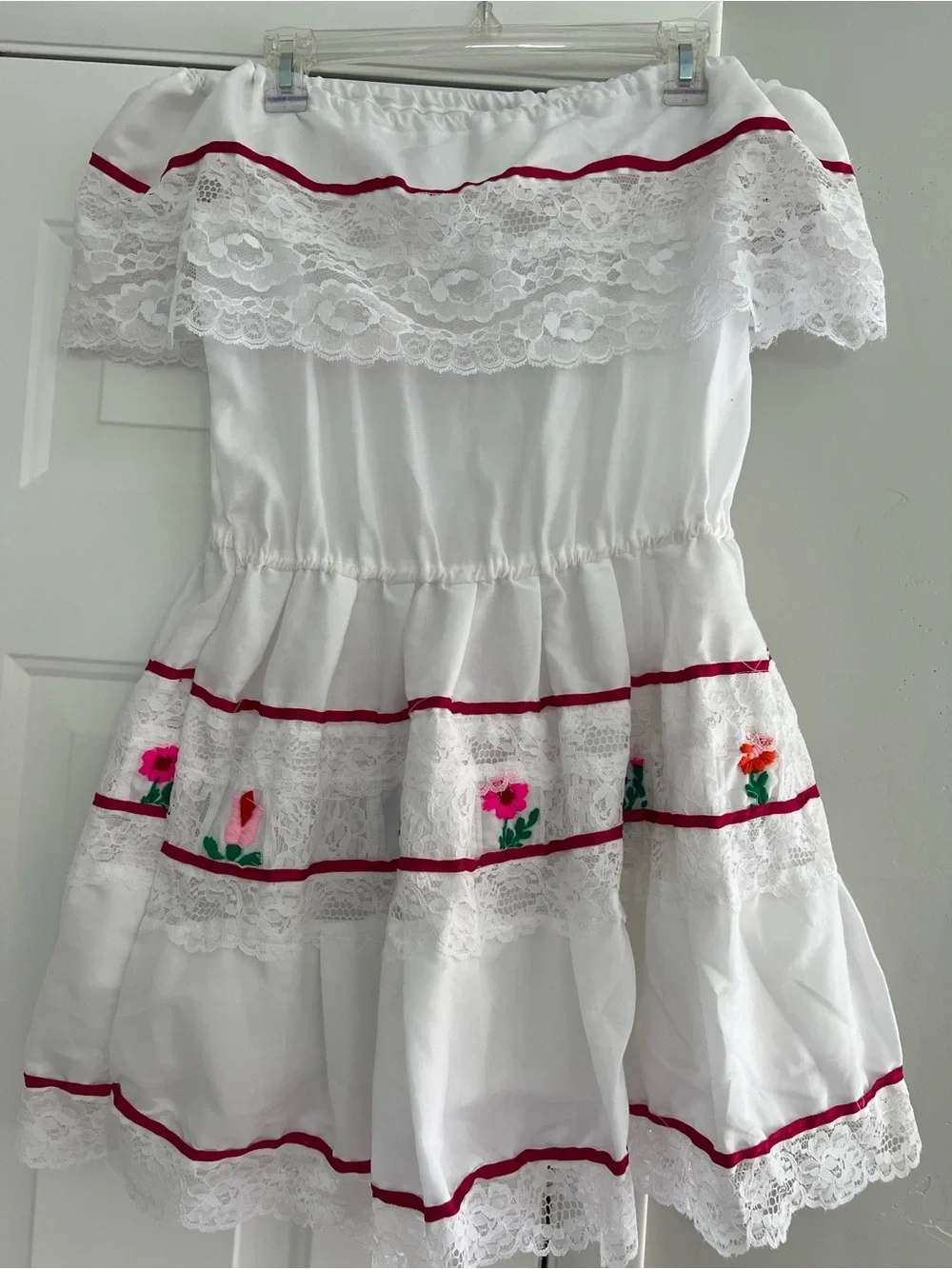 White Off-Shoulder Kids Dress with Red Trim and Floral Embroidery